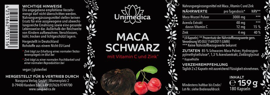 Schwarzes Maca mit Vitamin C aus Acerola und Zink - 3.000 mg pro Tagesdosis (4 Kapseln) - 180 Kapseln - von Unimedica