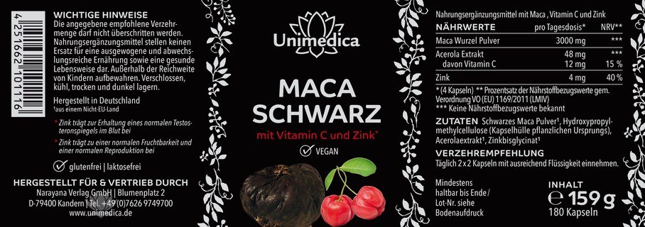 Maca noire avec de la vitamine C issue de l'acérola et zinc  3 000 mg par dose journalière (4 gélules) - 180 gélules - par Unimedica