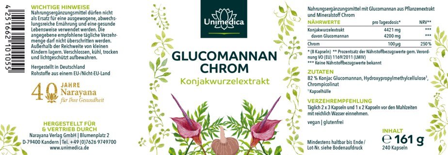 Glucomannan + Chrom - Abnehmkapseln mit 4200 mg Glucomannan aus der Konjakwurzel + 100 µg Chrom pro Tagesdosis (8 Kapseln) - 240 Kapseln - von Unimedica