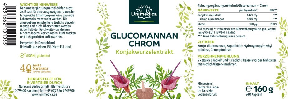 Glucomannan + Chrom - Abnehmkapseln mit 4200 mg Glucomannan aus der Konjakwurzel + 100 µg Chrom pro Tagesdosis (8 Kapseln) - 240 Kapseln - von Unimedica