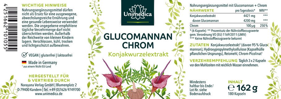 Glucomannan + Chromium  Weight-loss capsules with 4200 mg glucomannan from konjac root + 100 µg chromium per daily dose (6 capsules) - 180 capsules - from Unimedica