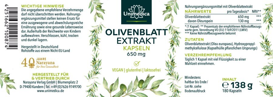 Olivenblatt Extrakt - 650 mg pro Tagesdosis (1 Kapsel) - 180 Kapseln - von Unimedica