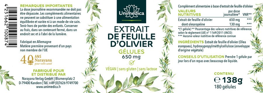 L'extrait de feuille d'olivier - 650 mg par dose journalière (1 gélule) - 180 gélules - de Unimedica