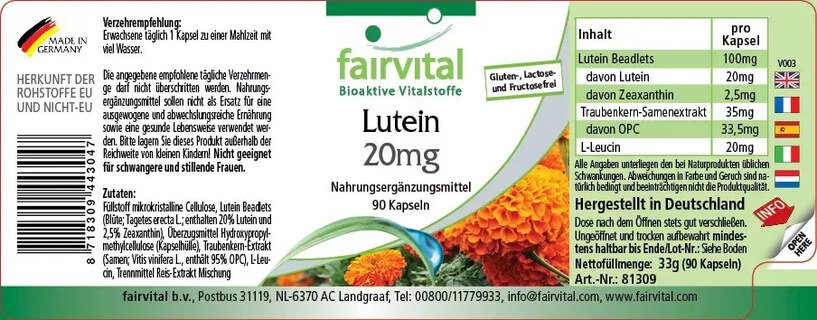 Lutein 20 mg mikroverkapselt - fairvital - 90 Kapseln