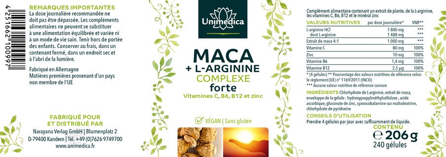 Complexe  Maca + L-arginine forte avec vitamines C, B6, B12 et zinc - dosage élevé - 240 gélules - Unimedica