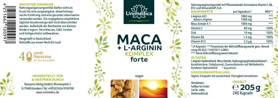 Maca + L-Arginin Komplex forte mit den Vitaminen C, B6, B12 und Zink - hochdosiert - 240 Kapseln - von Unimedica