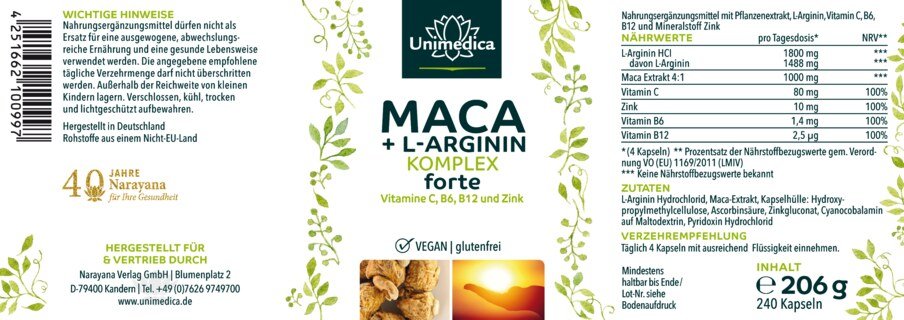 Complexe  Maca + L-arginine forte avec vitamines C, B6, B12 et zinc - dosage élevé - 240 gélules - Unimedica