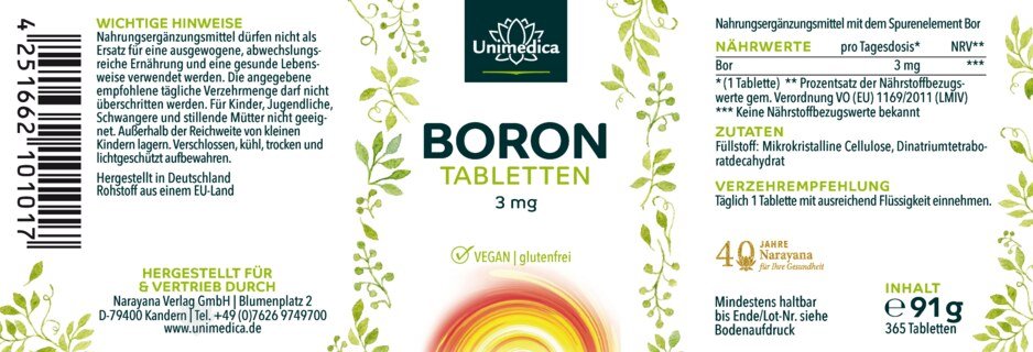 Bor (Borax) - 3 mg pro Tagesdosis (1 Tablette) - 365 Tabletten - von Unimedica