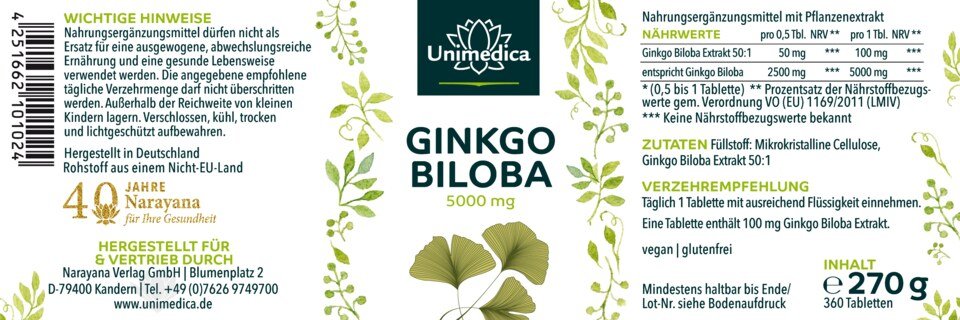 Ginkgo Biloba - 5.000 mg pro Tagesdosis (1 Tablette) - 360 Tabletten - von Unimedica