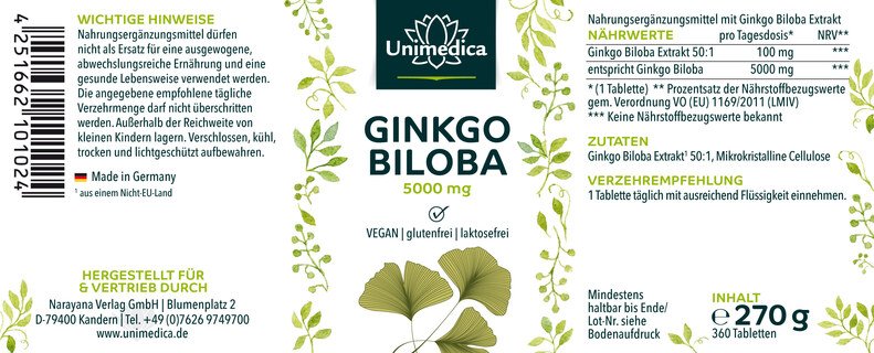 Ginkgo Biloba - 5.000 mg pro Tagesdosis - 360 Tabletten - von Unimedica