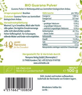 Bio Guarana Pulver - Kaffee-Alternative mit natürlichem Koffein - 100 g - von Unimedica