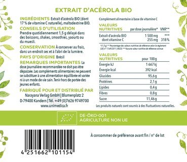 Poudre d'acérola bio -17% de vitamine C naturelle issue de la cerise acérola - 200 g - Unimedica
