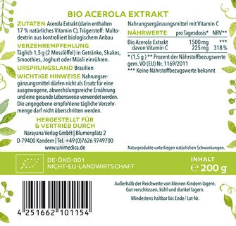 Bio Acerola Pulver -17 % natürliches Vitamin C aus der Acerola-Kirsche -  200 g - von Unimedica