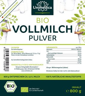 Bio Vollmilchpulver - 800 g - von Unimedica - MHD: 12.08.2024