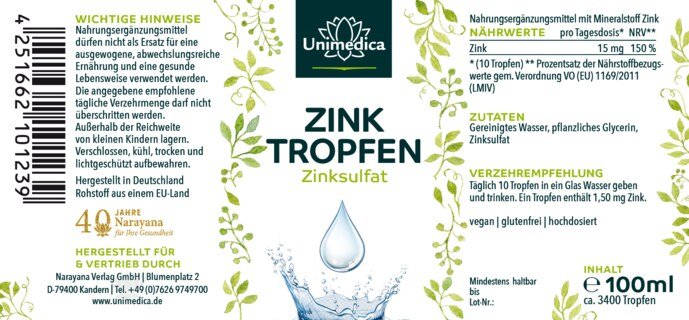 Zink Tropfen aus Zinksulfat - 15 mg pro Tagesdosis (10 Tropfen) - 100 ml - von Unimedica