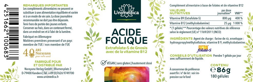 Acide folique avec Extrafolate-S de Gnosis et vitamine B12 - 800 µg d'acide folique et 25 µg de vitamine B12  - 180 gélules - par Unimedica