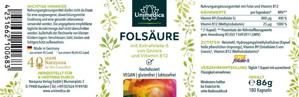 Acide folique avec Extrafolate-S de Gnosis et vitamine B12 - 800 µg d'acide folique et 25 µg de vitamine B12  - 180 gélules - par Unimedica