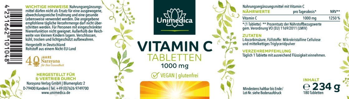 Vitamin C - 1000 mg pro Tagesdosis (1 Tablette) - 99 % Reinheit - hochdosiert - 180 Tabletten - von Unimedica