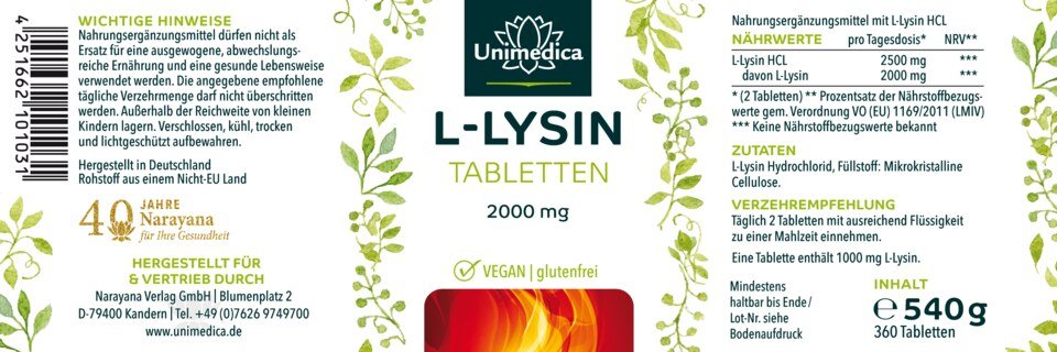 L-Lysin HCl - 2000 mg pro Tagesdosis (2 Tabletten) - 360 Tabletten - von Unimedica