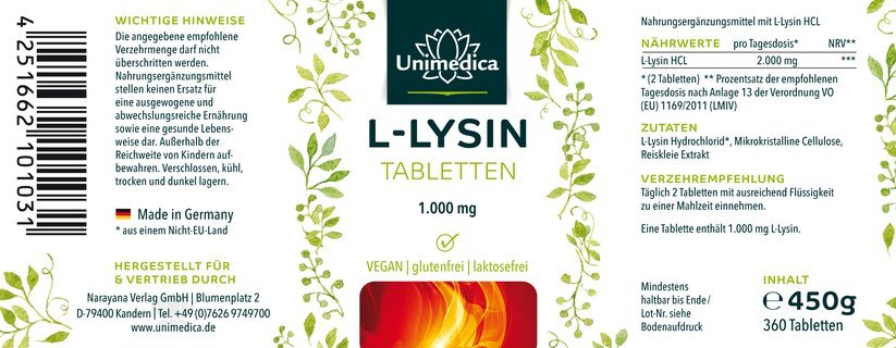 L-Lysin - 2000 mg pro Tagesdosis - 360 Tabletten - von Unimedica