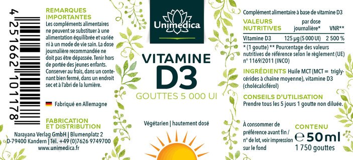 Gouttes de vitamines D3 - 5000 UI  25 µg par dose journalière - hautement dosé - 50 ml - par Unimedica