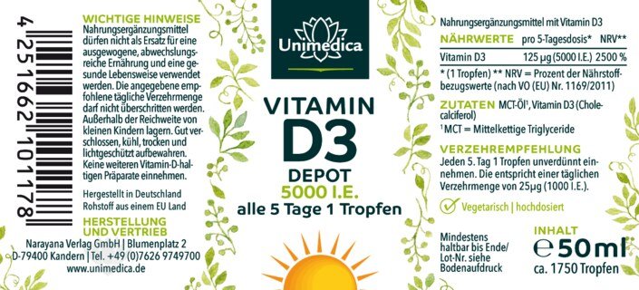 Gouttes de vitamines D3 - 5000 UI  125 µg par dose tous les 5 jours (1 goutte) - hautement dosé - 50 ml - par Unimedica