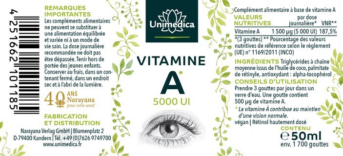 Gouttes de vitamines A - 1500 µg / 5000 UI par dose journalière (3 gouttes)  hautement dosé - 50 ml - par Unimedica