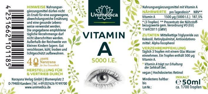 Vitamin A Tropfen - 1.500 µg / 5.000 I.E pro Tagesdosis (3 Tropfen) - hochdosiert - 50 ml - von Unimedica