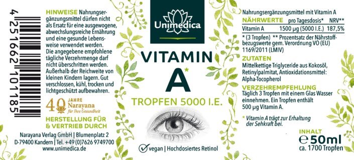 Vitamin A Tropfen - 1.500 µg / 5.000 I.E pro Tagesdosis (3 Tropfen) - hochdosiert - 50 ml - von Unimedica