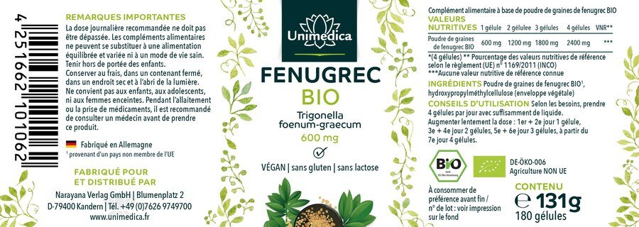 Fenugrec - 600 mg - dosage élevé - 180 gélules - par Unimedica