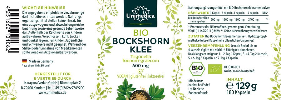 Bio Bockshornklee - 2400 mg pro Tagesdosis - hochdosiert - 180 Kapseln - von Unimedica