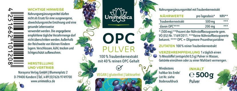 OPC Pulver - 40 % OPC Gehalt  - 500 g -  von Unimedica - Mindesthaltbarkeitsdatum: 31.05.2025