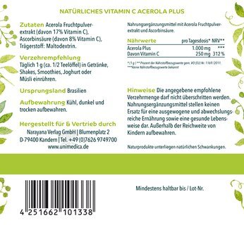 Vitamine C naturelle Acerola Plus  25 % de vitamine C - 200 g - par Unimedica