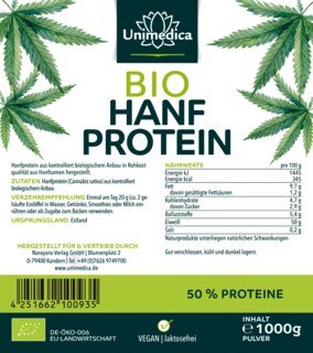 Bio Hanfprotein - 50 % Proteine - aus Europa - vegan - 1000 g Pulver - Sonderangebot kurzes MHD - von Unimedica