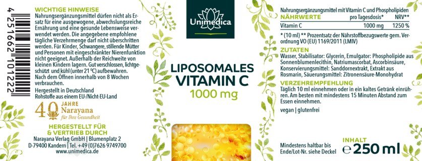 Liposomales Vitamin C - 1.000 mg pro Tagesdosis (10 ml) - 250 ml - von Unimedica