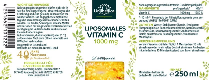 Vitamine C liposomale - 1 000 mg par dose journalière - 250 ml - par Unimedica