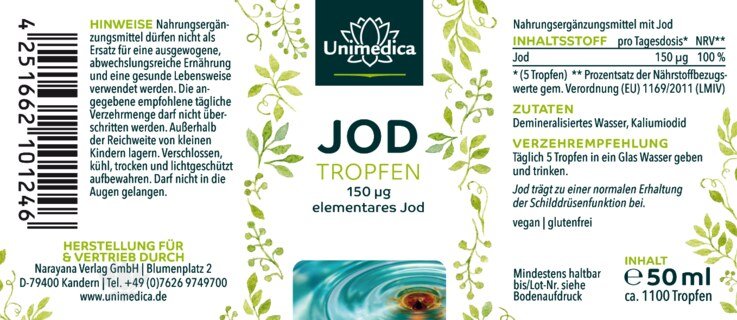 Jod Tropfen - 150 µg pro Tagesdosis - vegan - 50 ml -  von Unimedica