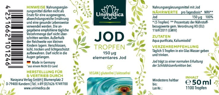 Jod Tropfen - 150 µg pro Tagesdosis - hochdosiert - vegan - 50 ml -  von Unimedica - Mindesthaltbarkeitsdatum: 13.05.2025