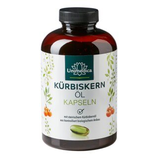 Kürbiskernöl mit steirischem Bio Kürbiskernöl - 3.000 mg - 200 Softgelkapseln - von Unimedica/