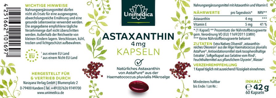 Astaxanthin - AstaPure® - 4 mg - 60 Softgelkapseln - von Unimedica