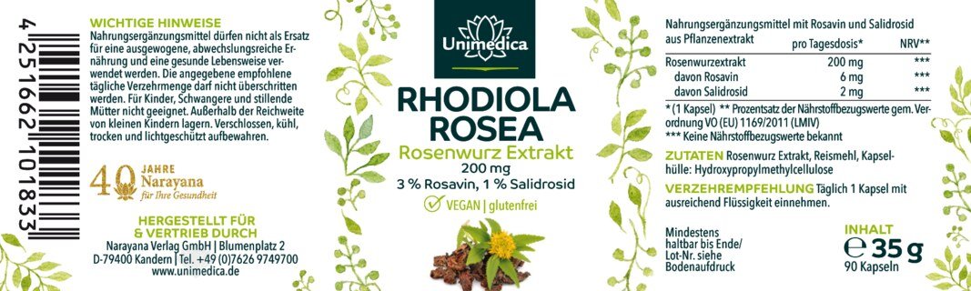 Rhodiola Rosea  Rose Root Extract - 200 mg per daily dose (1 capsule) - 90 capsules - from Unimedica