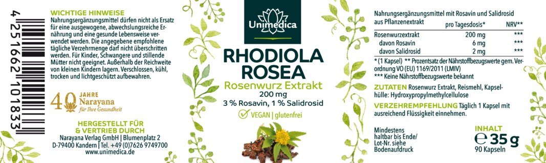 Rhodiola Rosea - Rosenwurz Extrakt - 200 mg pro Tagesdosis - 90 Kapseln - von Unimedica