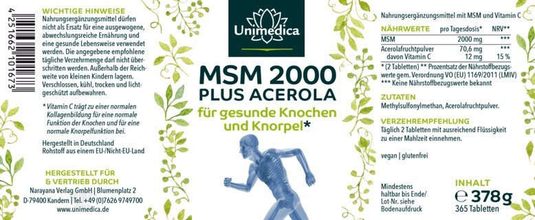 MSM plus Acerola 2000 - für gesunde Knochen und Knorpel* - 2000 mg MSM pro Tagesdosis (2 Tabletten) - 365 Tabletten - von Unimedica