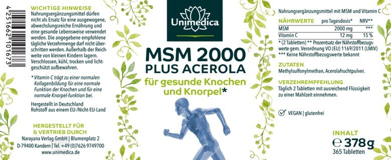 MSM plus Acerola 2000 - für gesunde Knochen und Knorpel* - 2000 mg MSM pro Tagesdosis (2 Tabletten) - 365 Tabletten - von Unimedica