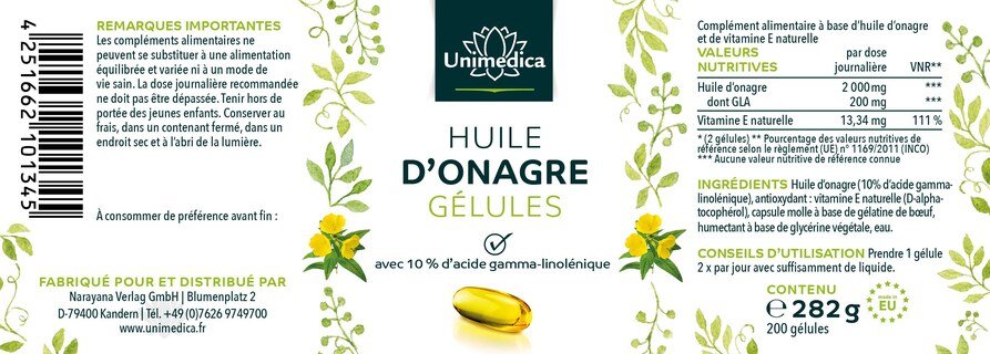 Huile d'onagre - 2 000 mg - avec 10% d'acide gamma-linolénique et vitamine E naturelle - 200 gélules molles - par Unimedica