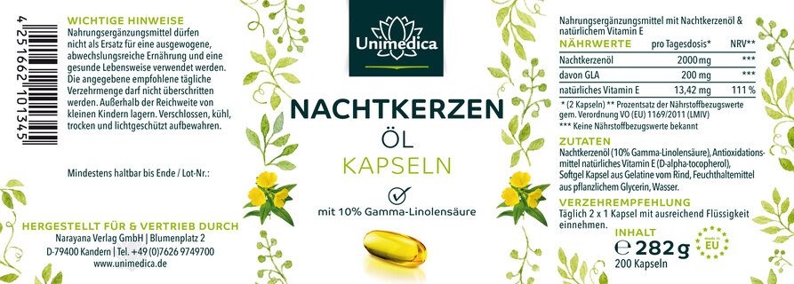 Nachtkerzenöl - 2.000 mg - mit 10 % Gamma-Linolensäure und natürlichem Vitamin E - 200 Softgelkapseln - von Unimedica