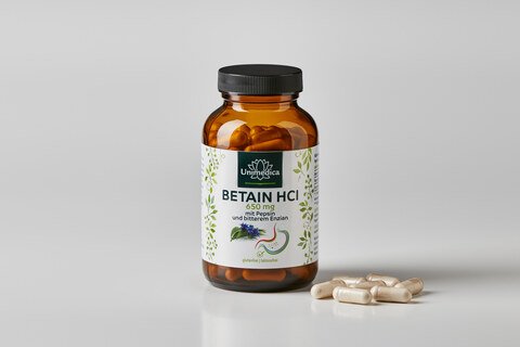 Betain HCl - 650 mg - mit Pepsin und bitterem Enzian - 120 Kapseln - von Unimedica