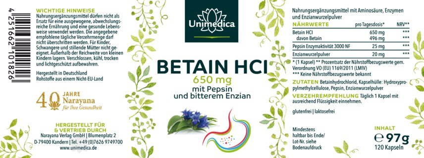 Betain HCl - 650 mg pro Tagesdosis (1 Kapsel) - mit Pepsin und bitterem Enzian - 120 Kapseln - von Unimedica