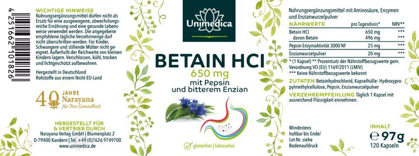 Betain HCl - 650 mg pro Tagesdosis (1 Kapsel) - mit Pepsin und bitterem Enzian - 120 Kapseln - von Unimedica