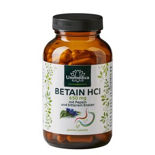 Betain HCl - 650 mg pro Tagesdosis (1 Kapsel) - mit Pepsin und bitterem Enzian - 120 Kapseln - von Unimedica/